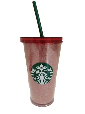 STARBUCKS Red Glitter Cold Beverage 16oz Tumbler Cup With Straw