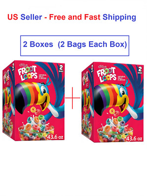 Froot Loops Breakfast Cereal 43.6 oz -  2 Boxes - Each Box contains 2 Bags.
