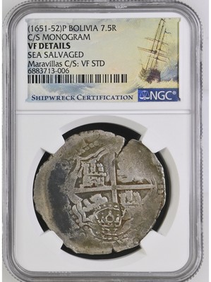 MARAVILLAS SHIPWRECK 7.5 R C/S MONOGRAM NGC Population 2 coins VF Shipwreckcoins