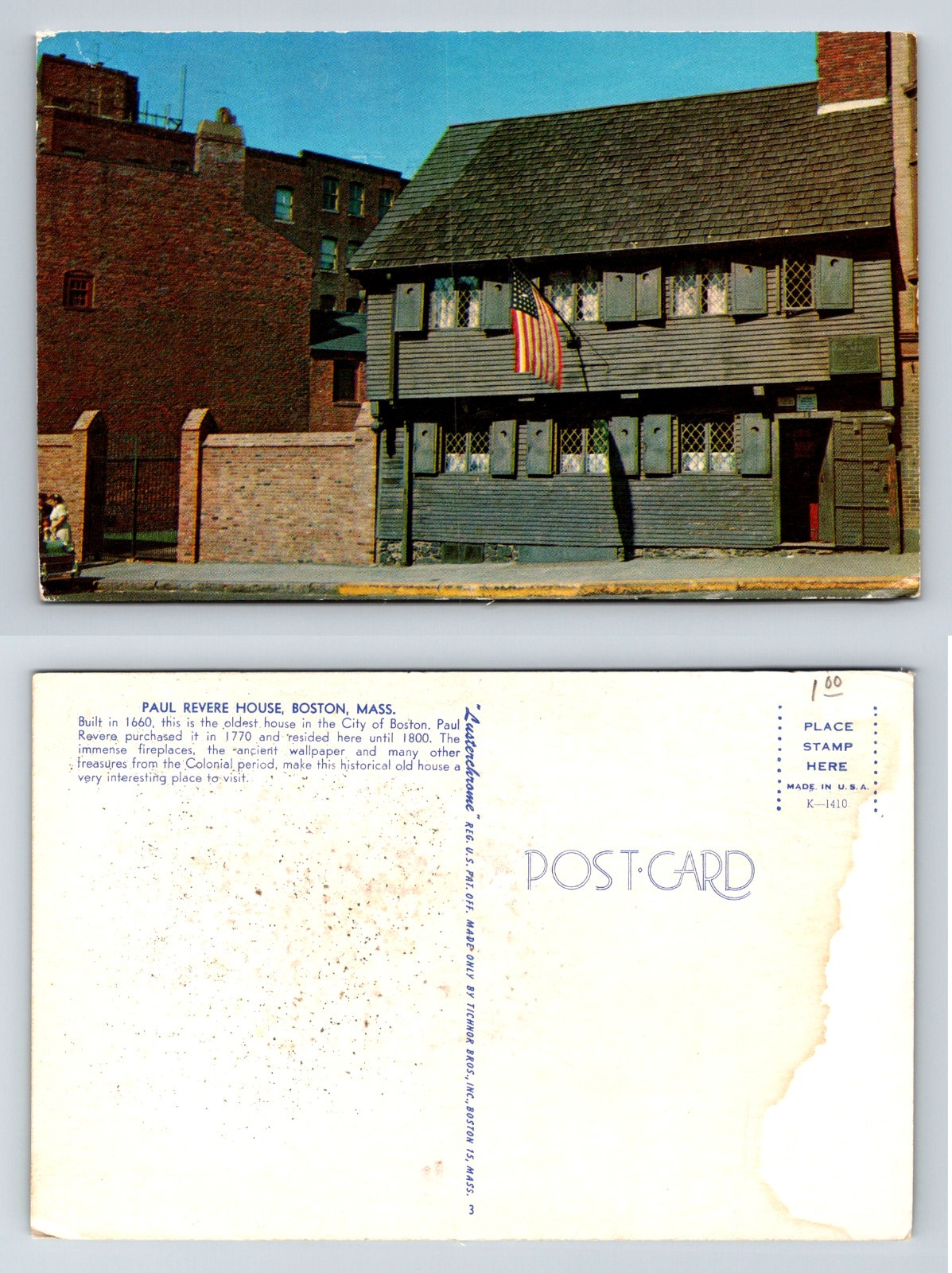 Paul Revere House Boston MA Postcard 1950s Tichnor Lusterchrome Chrome