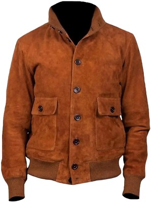 Men's 100% Real Suede Leather Brown Bomber Biker Western Style Button Jacket