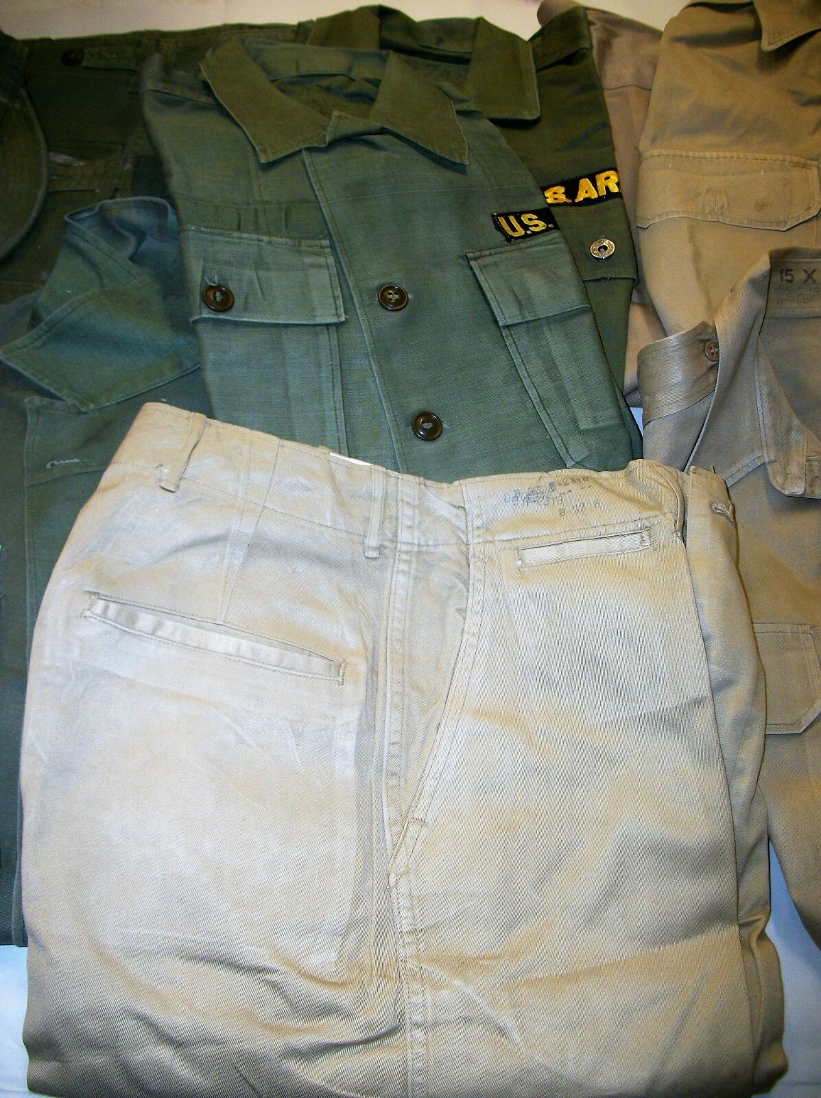 Lot of Vintage Military Uniforms - Pants Shirts Field Caps  - Khaki & Green