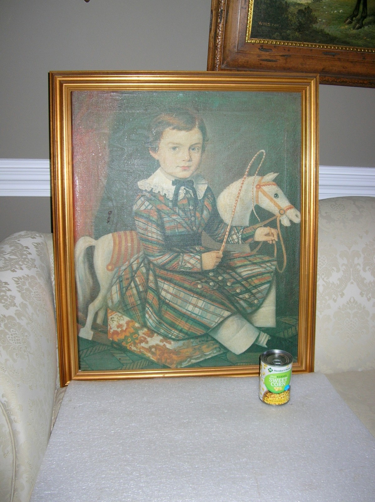 LARGE WILLIAMSBURG LARGE FOLK ART PORTRAIT LITTLE BOY IN PLAID PRINT ON CANVAS