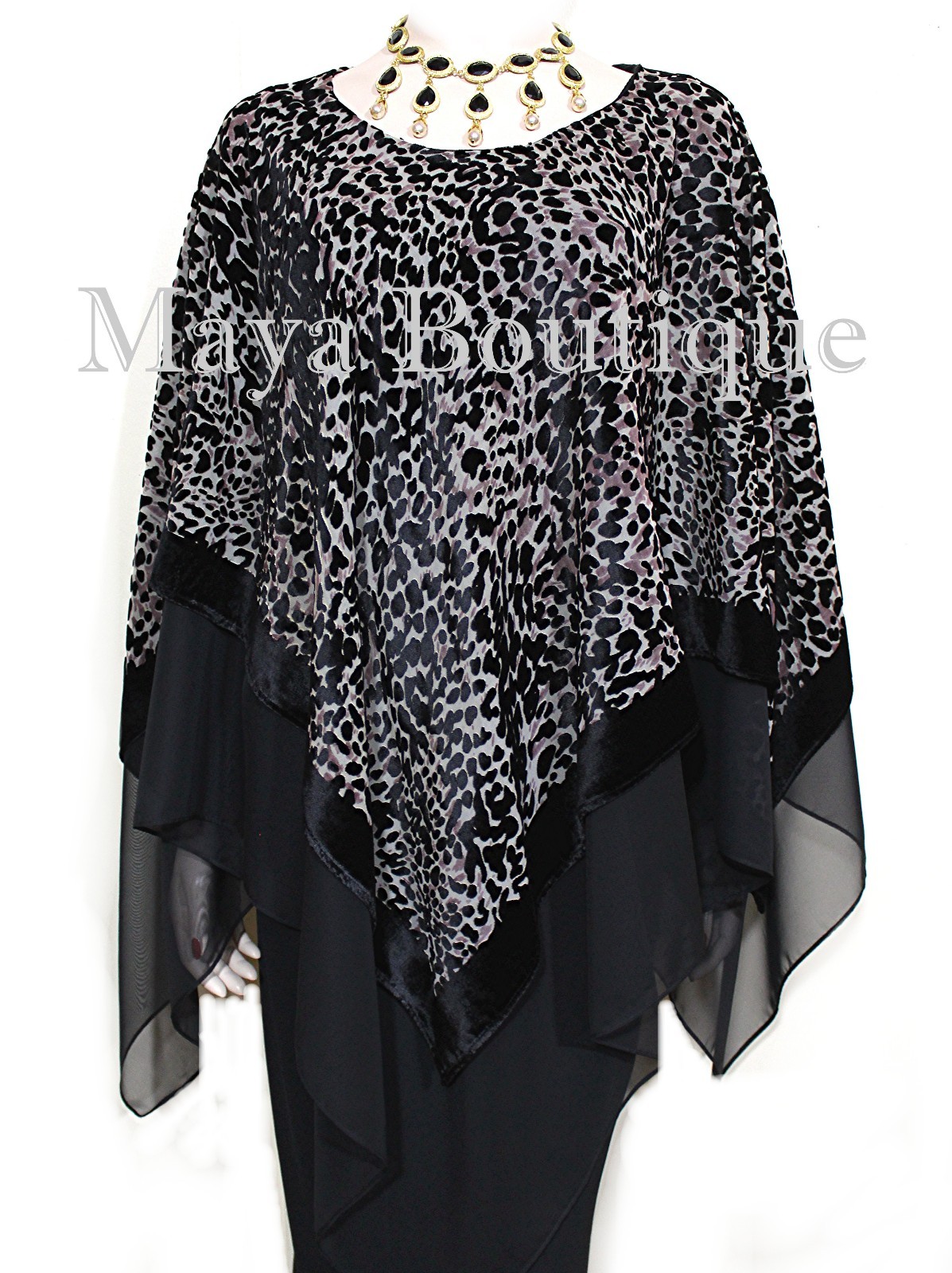 Pre-owned Maya Matazaro Layered Poncho Top Animal Print Burnout Velvet & Chiffon Usa Made In Multicolor