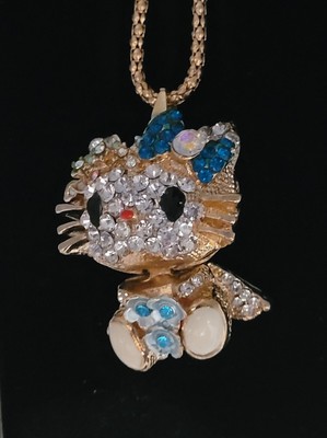CAPED HELLO KITTY w FLOWERS BETSEY JOHNSON INLAID CRYSTALS  3D PENDANT  NECKLACE