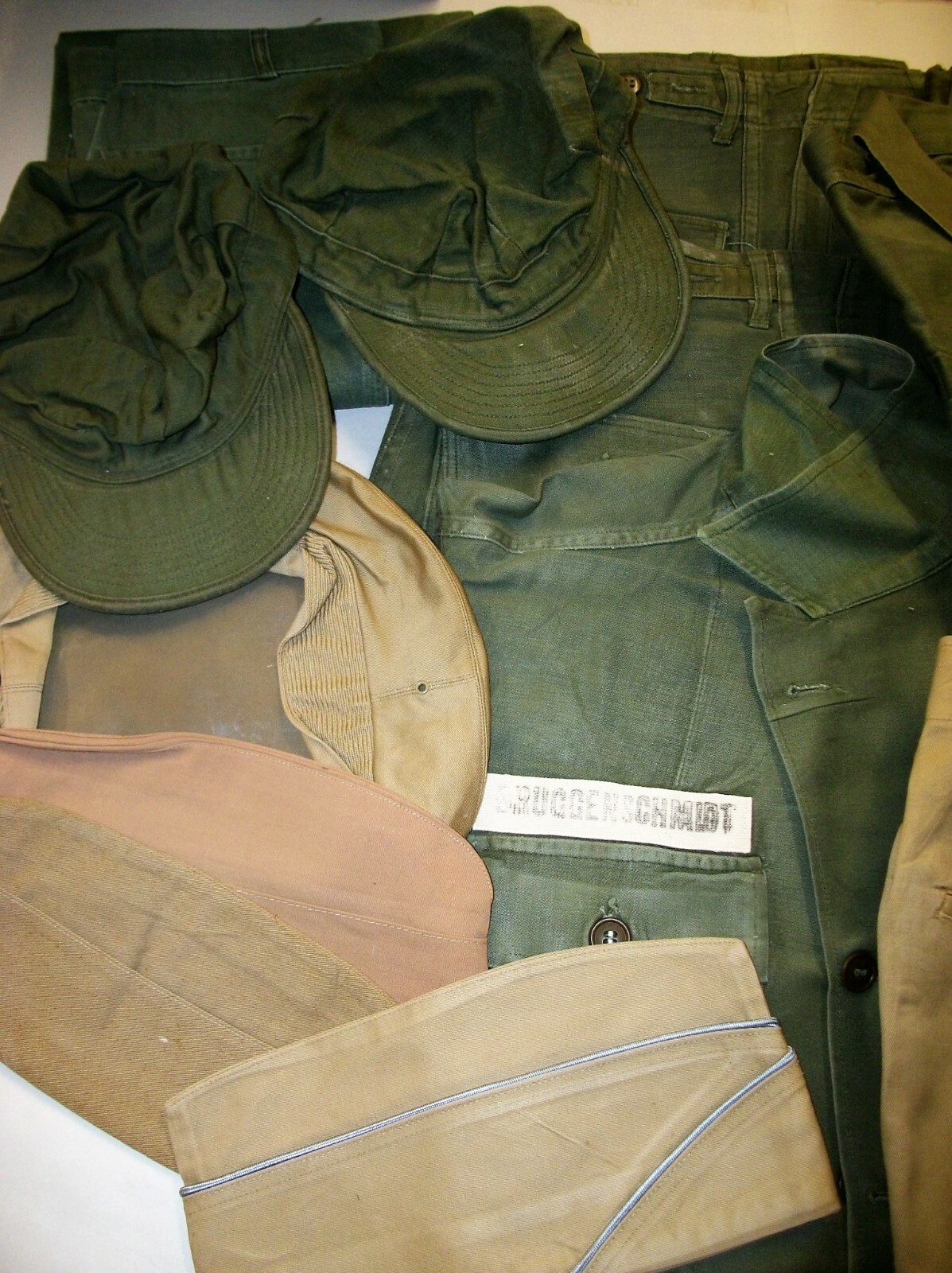 Lot of Vintage Military Uniforms - Pants Shirts Field Caps  - Khaki & Green