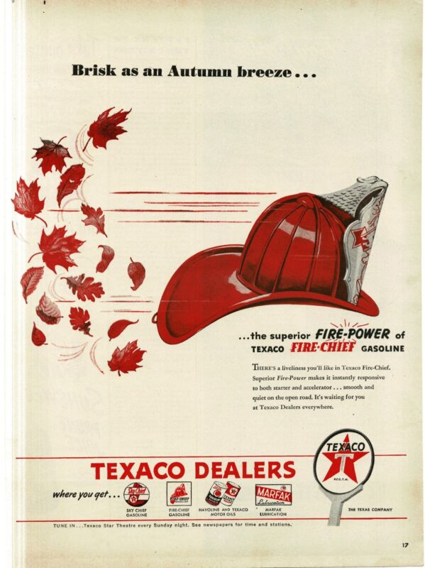1946 Texaco Fire Chief Gas Gasoline Red Fireman Helmet autumn leaves Print Ad