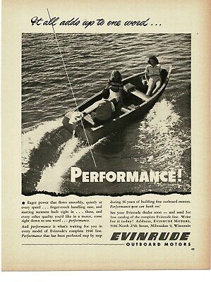 1946 EVINRUDE Outboard Boat Motor Performance in the 1946 line Vintage Print Ad