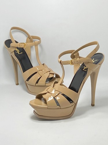 【SAINT LAURENT】TRIBUTE サンダル Porceliana Saint Laurent Tribute Leather T-Strap Espadrille Sandals