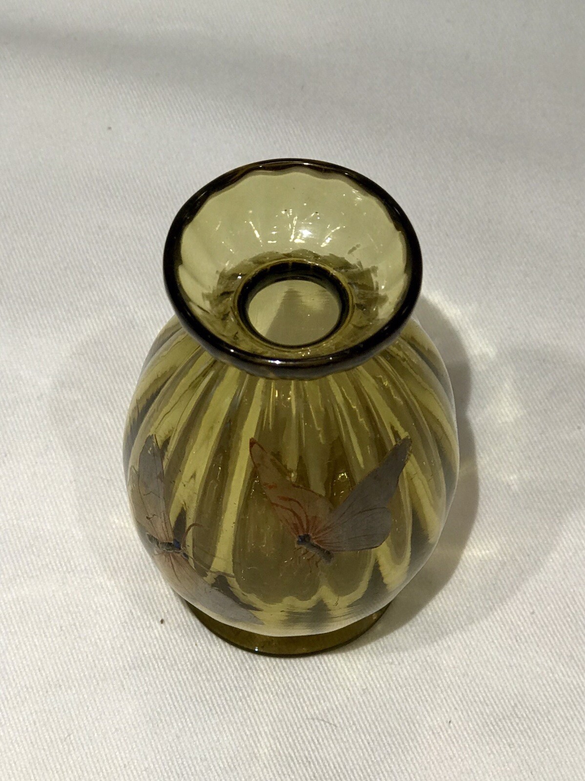 Small Antique Amber Swirl Spiral Ribbed Art Glass Vase Enameled Butterflies
