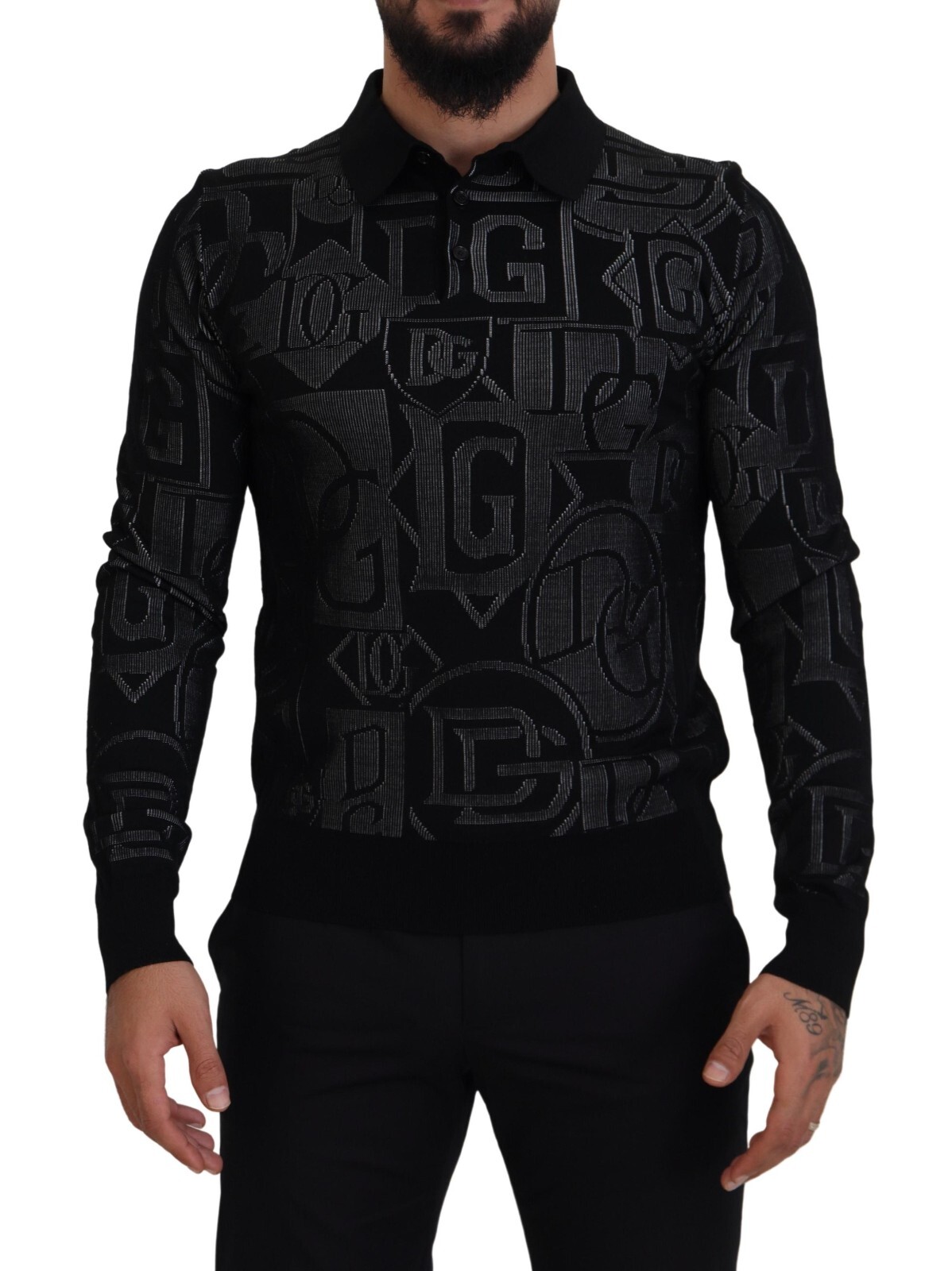 

DOLCE - GABBANA Свитер, черный шелковый пуловер с логотипом и воротником IT48/US38/ 2180usd