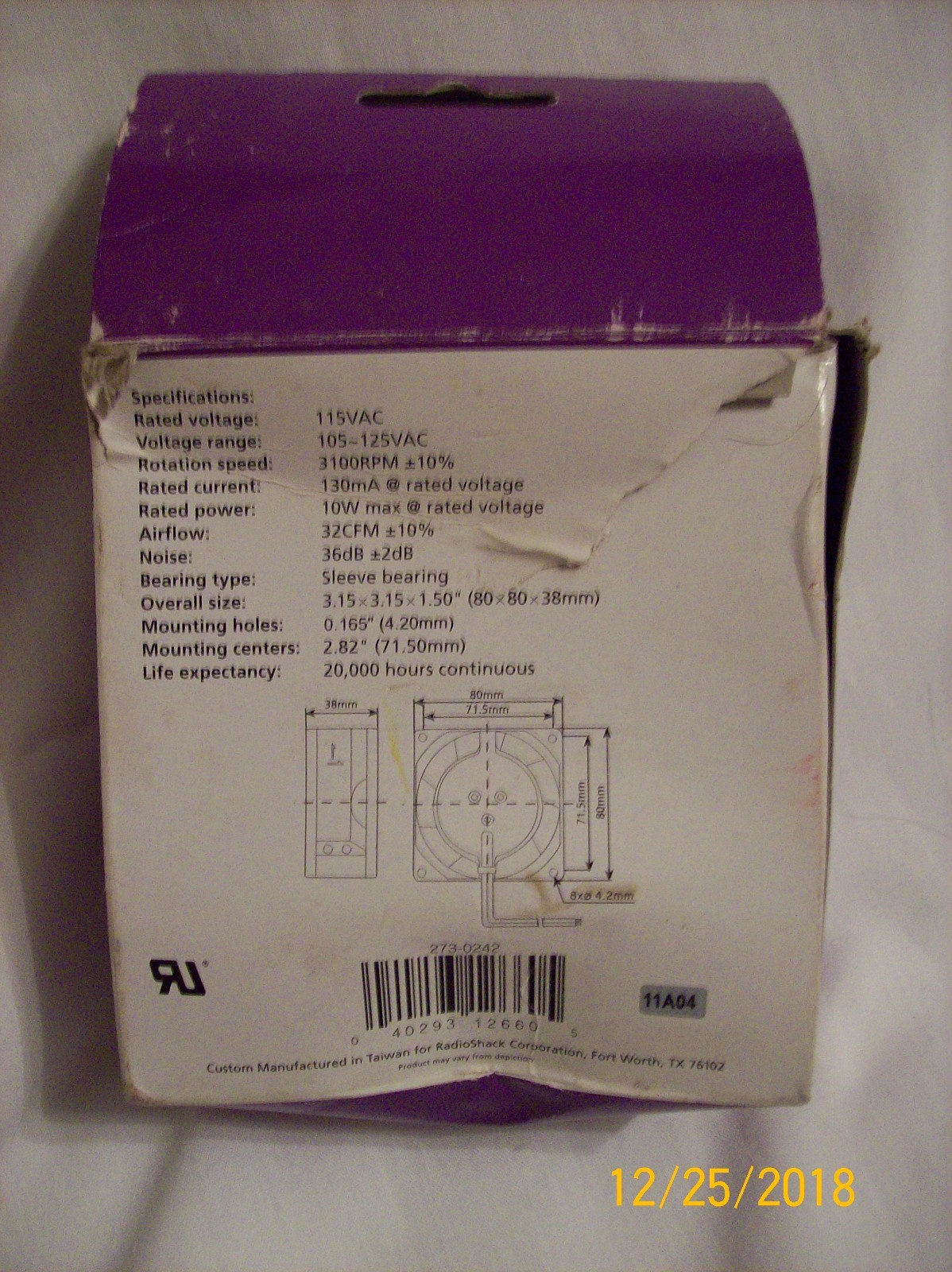 Radio Shack 273-242 Cooling Fan - 115VAC 3100RPM 32 CFM