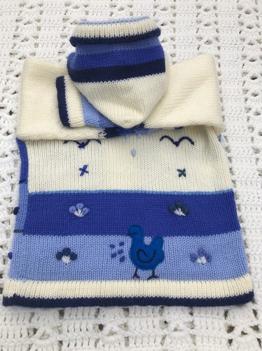 Peruvian Arpillera Sweater Jacket Blue & White Patchwork Embroidered Hoodie