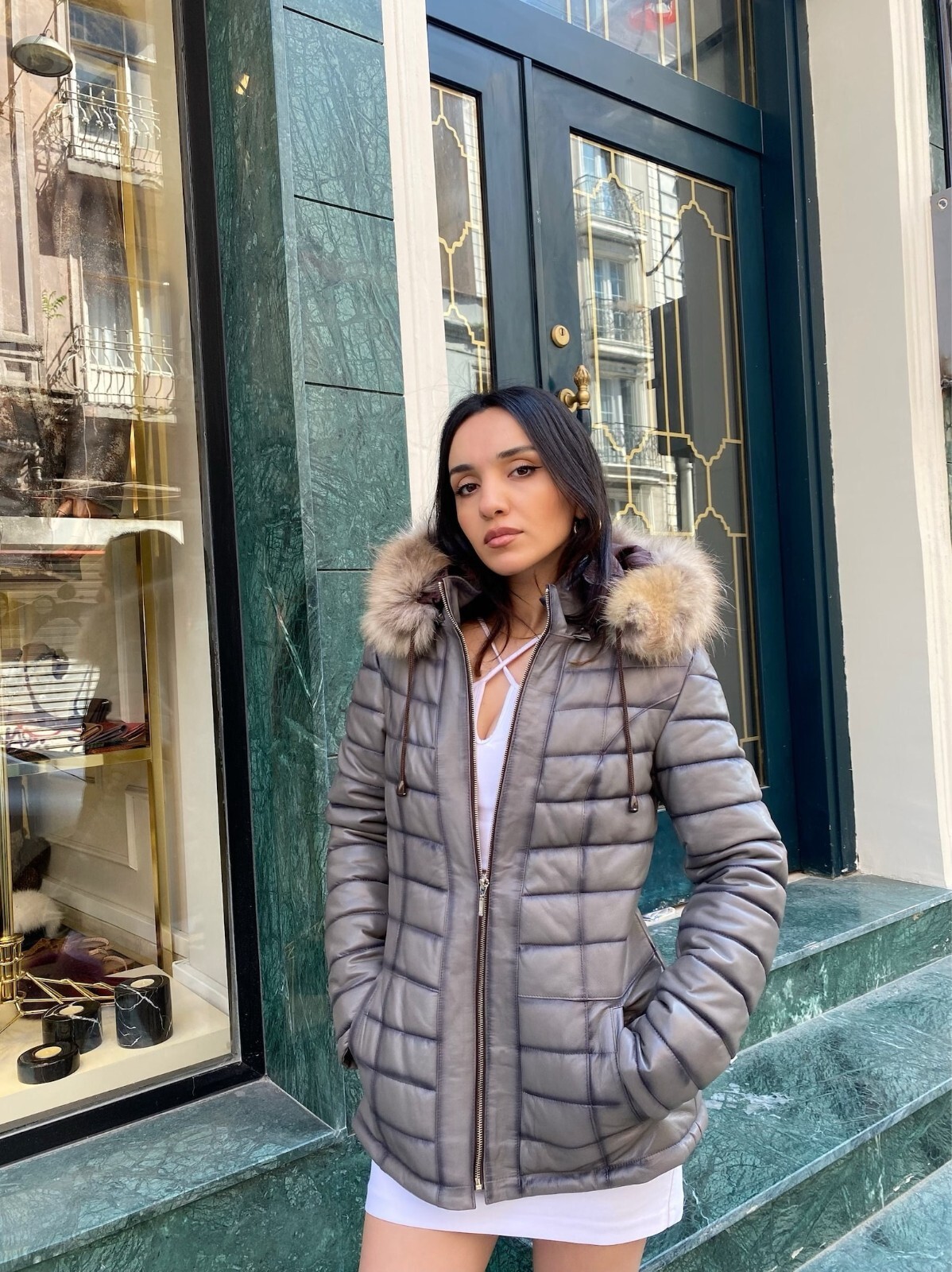 ◎real lamb leather curly fur jacket gray Mongolian fur jacket long sleeve grey color - Furriers