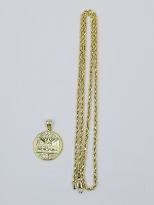 Pre-owned Globalwatches10 Last Supper Charm Pendant 10kt Rope Chain Necklace Set 20" 2.5mm Real 10k Gold