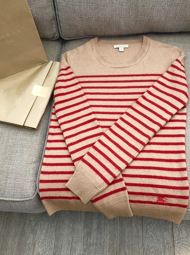 NWOT $625 CAD Burberry Brit Women's 100% Cashmere Sweater Beige/Red Striped XS