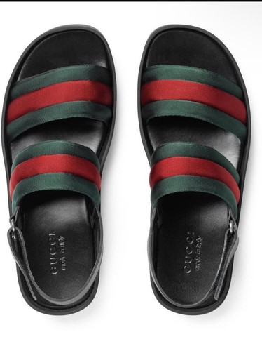 Pre-owned Gucci Authentic  Mens Leather And Web Sandal In Green&red