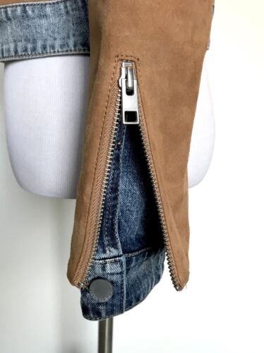 Pre-owned Allsaints Curtis Denim & Suede Leather Jacket Retail $725 Price $335 Size 0 In Sand Tan And Blue