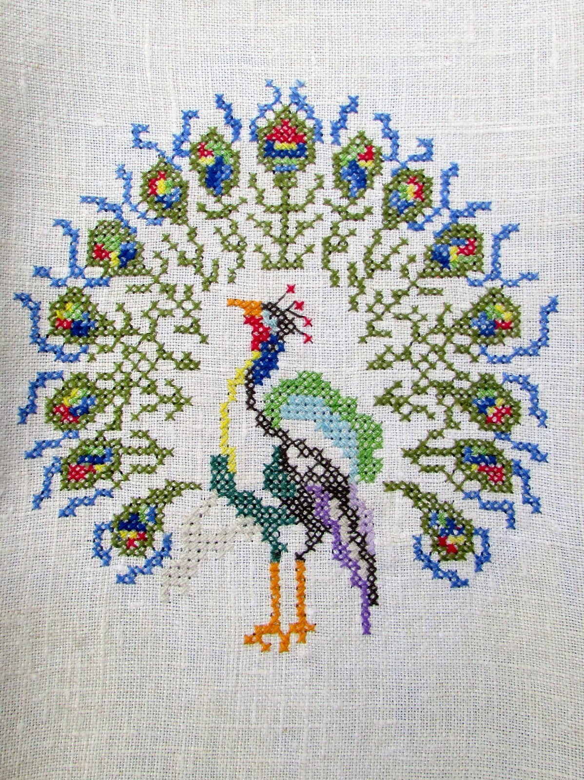 Vintage Linen Hand Towel, Embroidered Peacock, Fine Stitches - Now 25% Off!