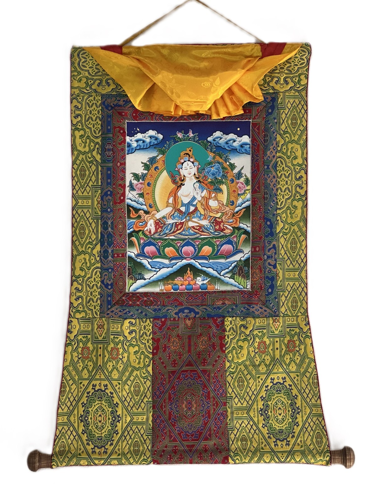WHITE TARA MOTHER GODDESS ORIGINAL TIBETAN THANGKA PAINTING WITH SILK BROCADE