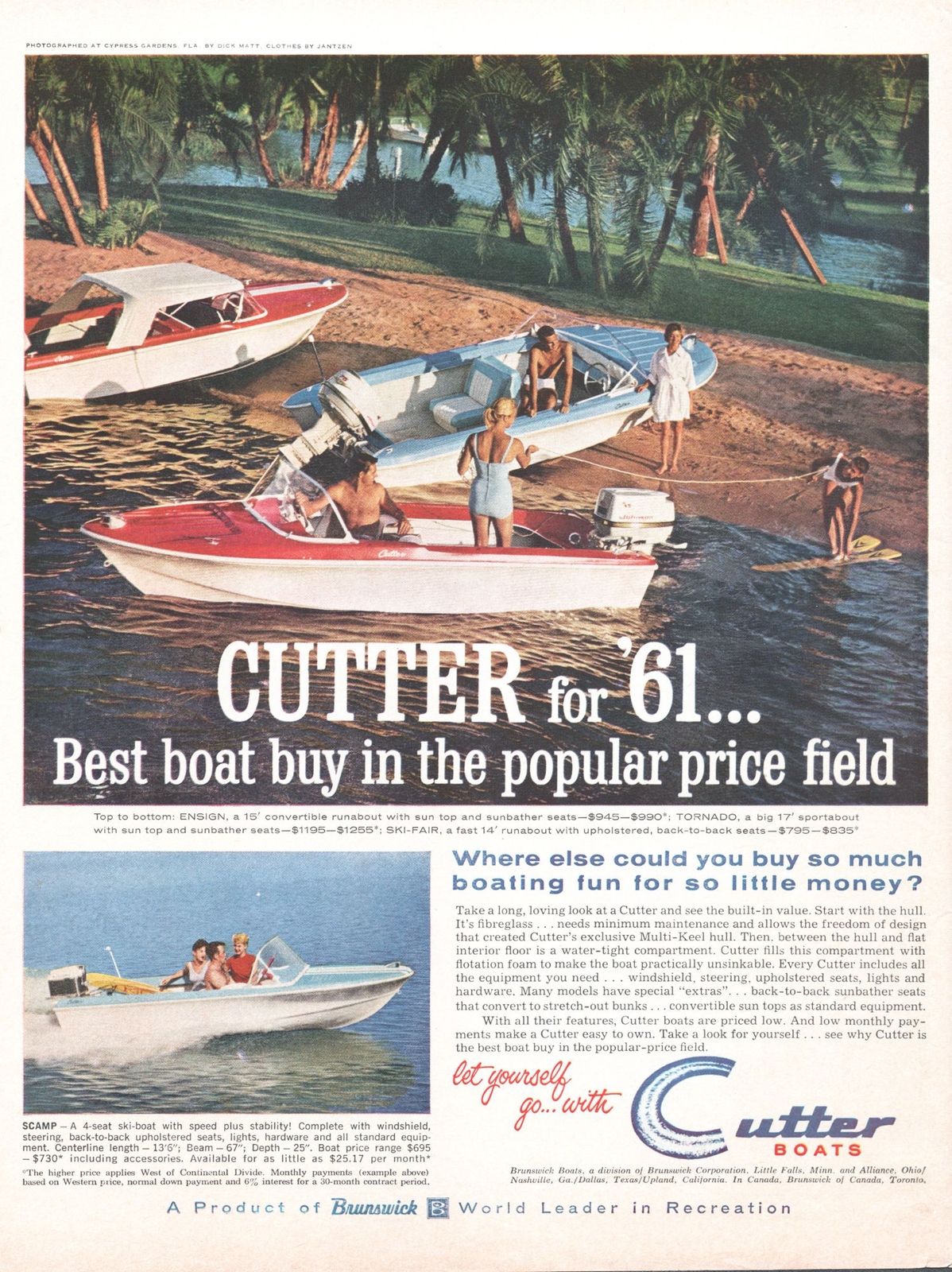 1961 Cutter Boat Vintage Print Ad Ensign Tornado Water Ski Lake 