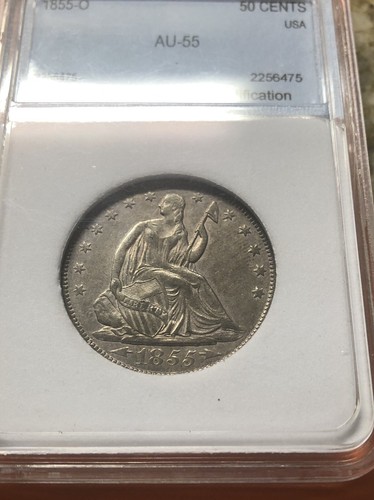 1855-O SEATED LIBERTY HALF DOLLAR AU++; SLABBED