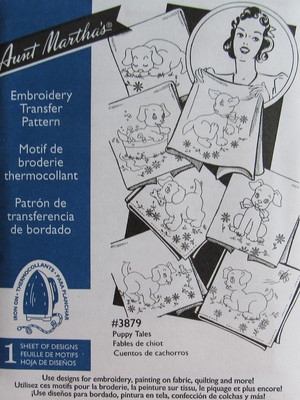 Aunt Marthas 3879 PUPPY TALES Embroidery Transfer Pattern Baby Quilt Blocks UNCT