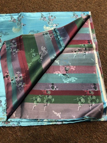 Vintage Fou Wah Silk Fabric 5 Yards Turquoise Blue Peacocks