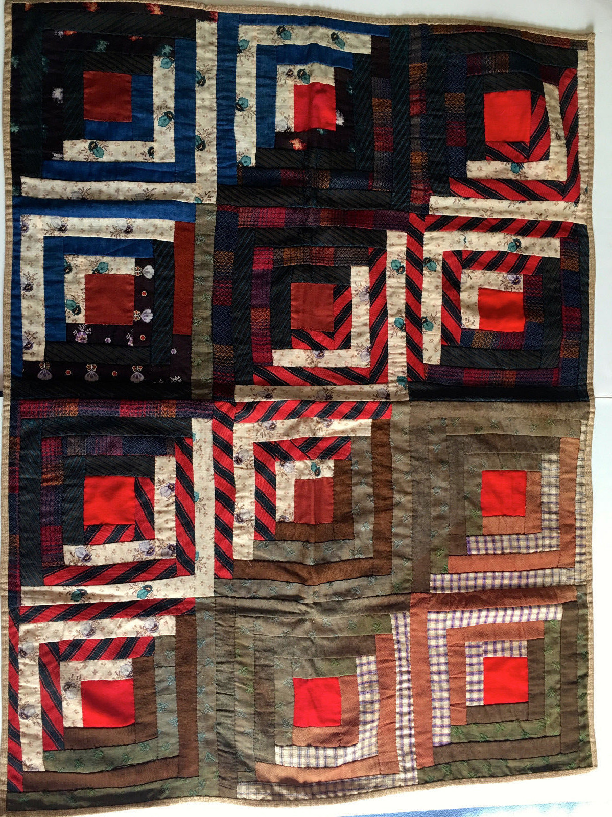 Antique Vintage FOLK ART LOG CABIN BABY QUILT. HAND STICHED.  28