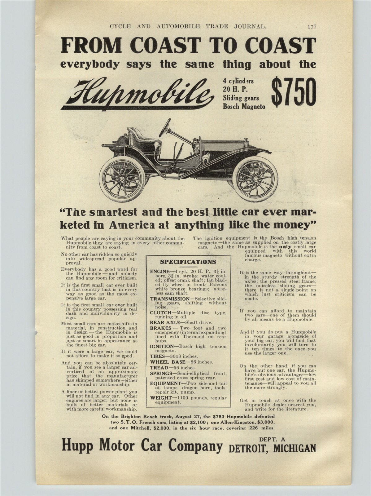 1909 PAPER AD Hupmobile Hupp Car Auto Automobile $750. Detroit 