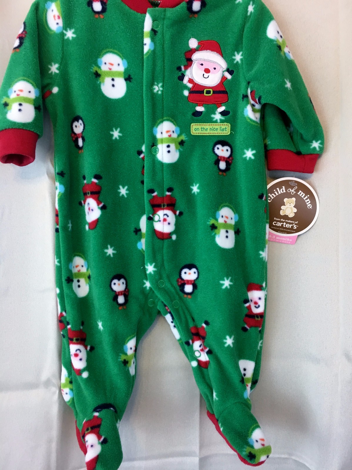 CHRISTMAS Infant boy Sleeper green Santa penguin Snowman print Newborn 0/3M,