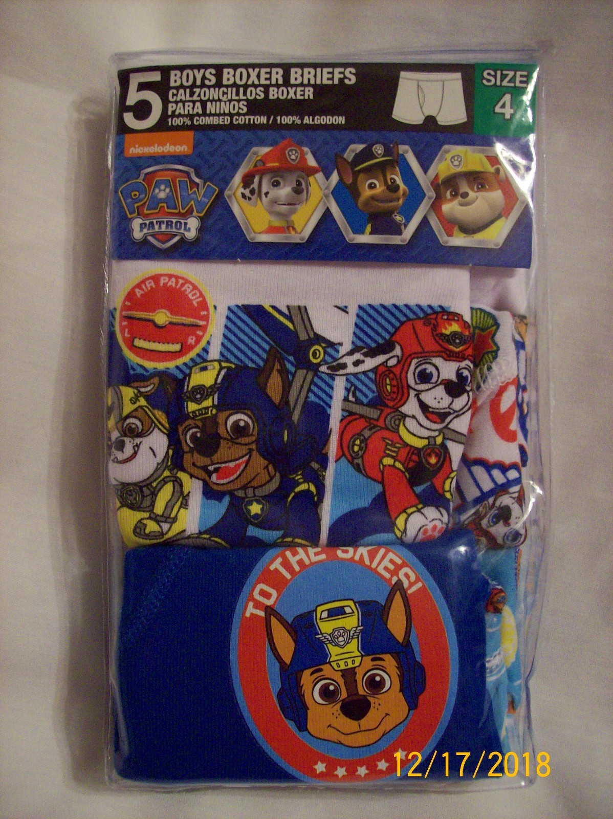 Paw Patrol Boys Boxer Briefs  -  5 pair  -  Size 4