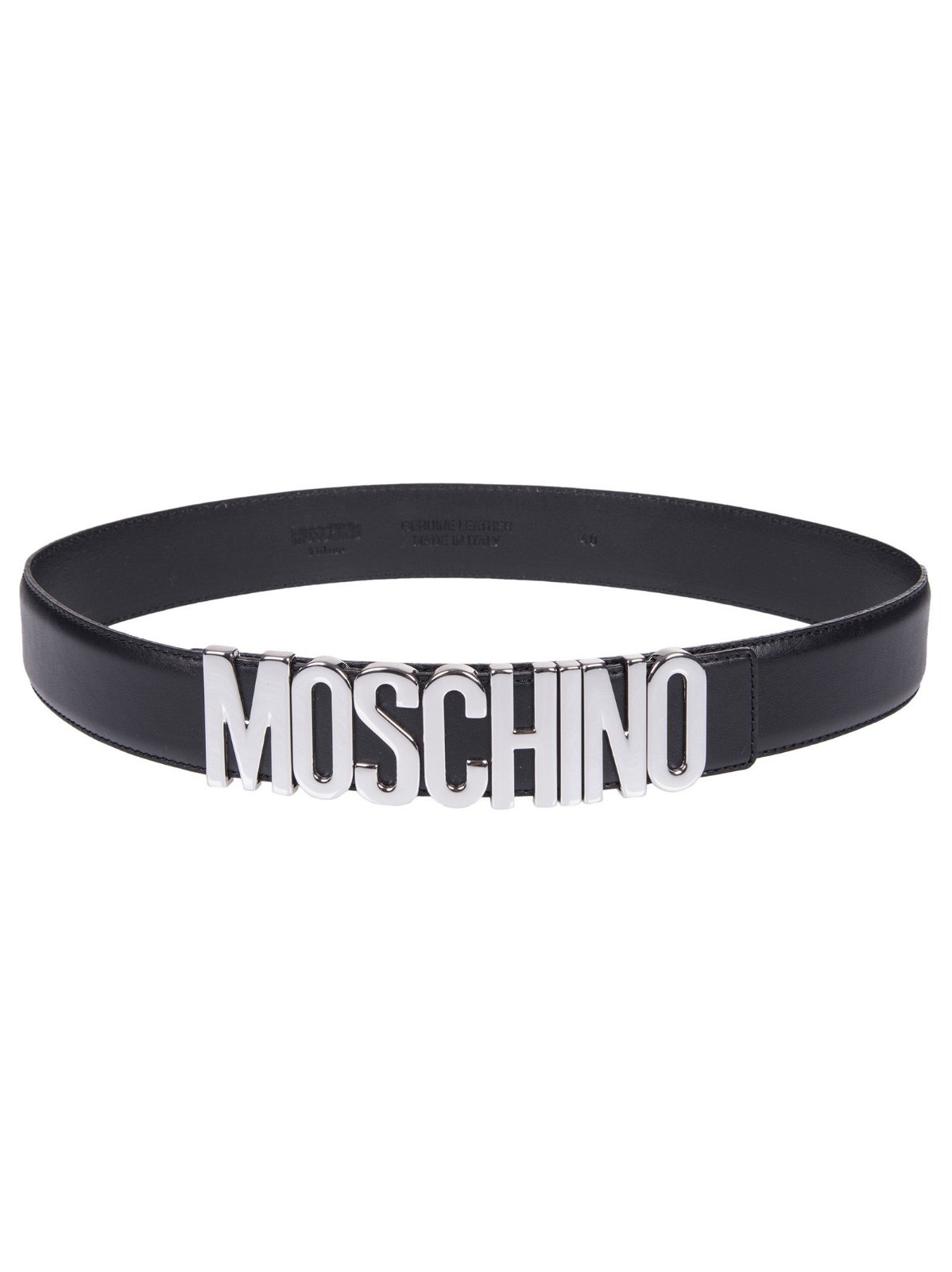 MOSCHINO SS17 MOSCHINO COUTURE JEREMY SCOTT BLACK LEATHER BELT WITH SILVER LETTERING LOGO