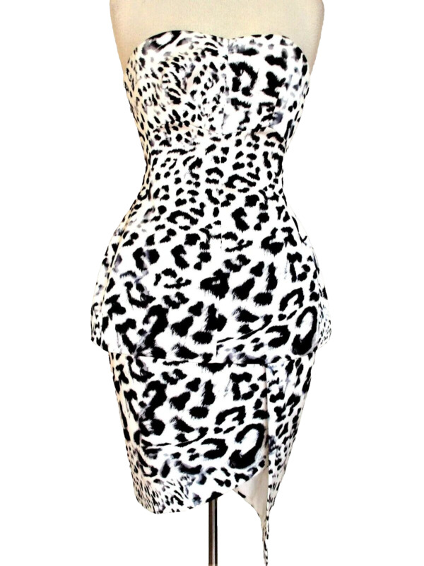 Keepsake Peplum Dress Small Women White Black Gray Leopard Print Strapless