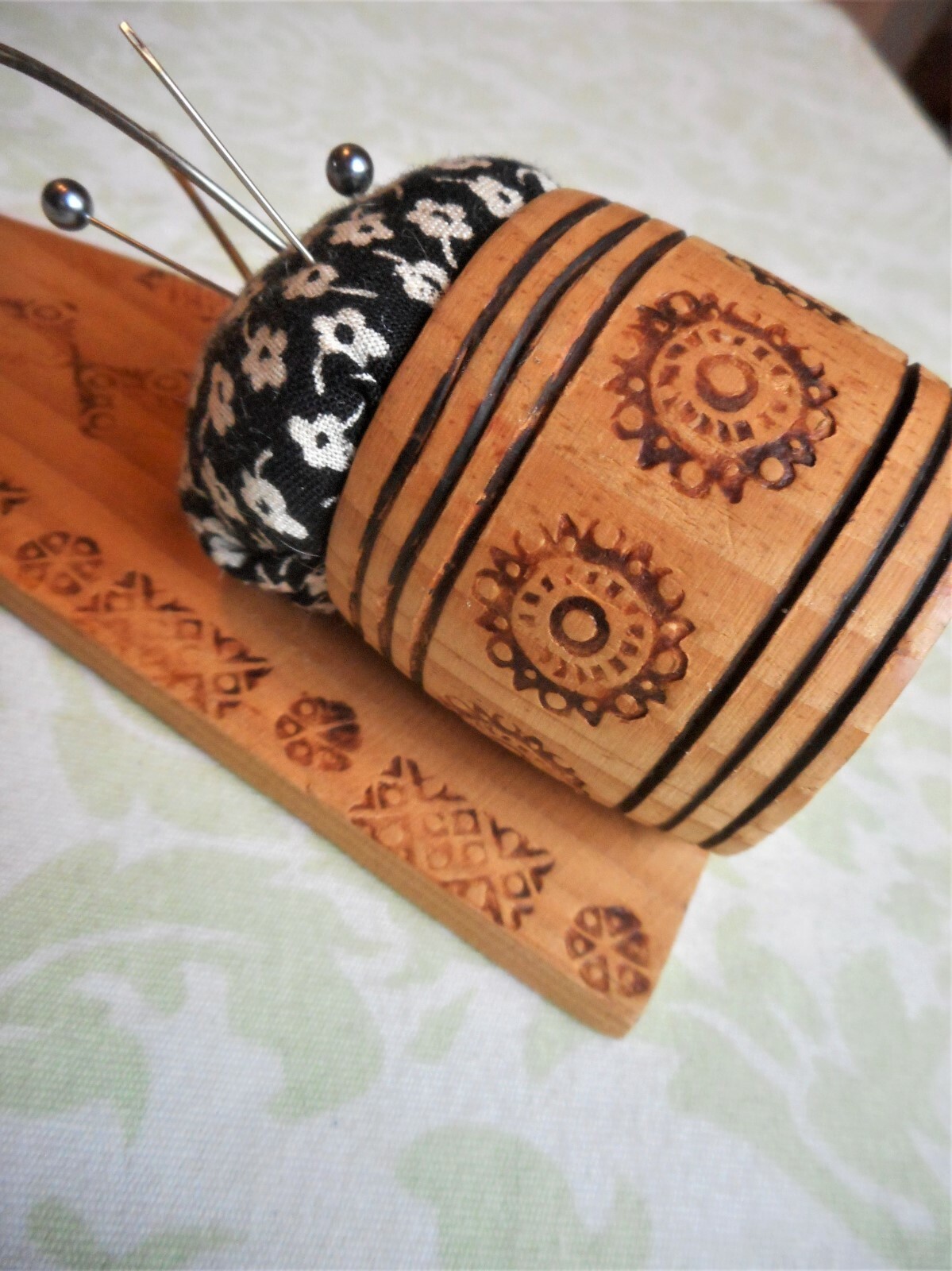 Unique Vintage Hand Crafted Wood Wooden Burn Carved Wall Art Hanging Pin Cushion