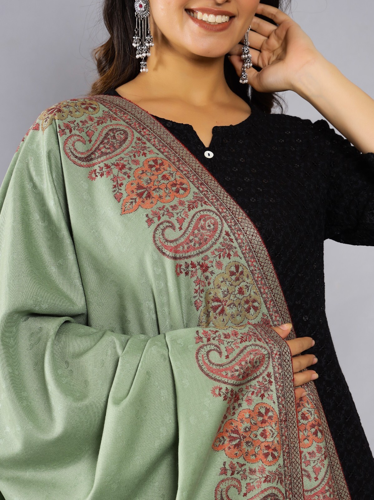 India Pashmina Shawl Wrap-Trendy Paisley Wool Cashmere Oversize Green Throw 80"