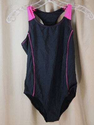 F & F Black/ Pink Trim 10-11 year One Piece Racerback Swim Suit, New without Tag