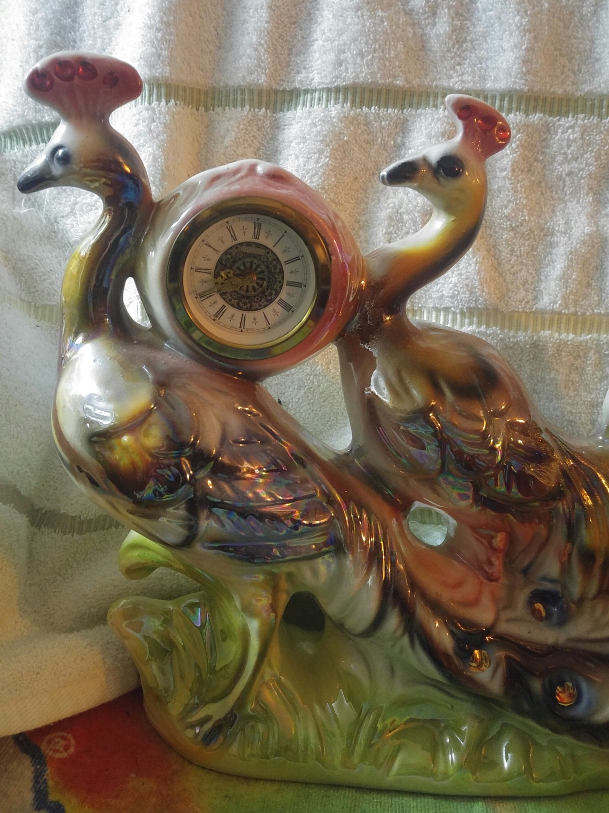 Antique Clock Majolica Art Deco Peacocks see description