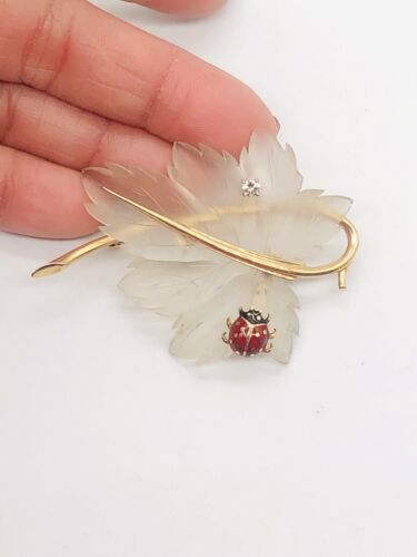 Vtg 14K Gold Tiffany & Co. Carved Crystal Leaf Pin W Enamel