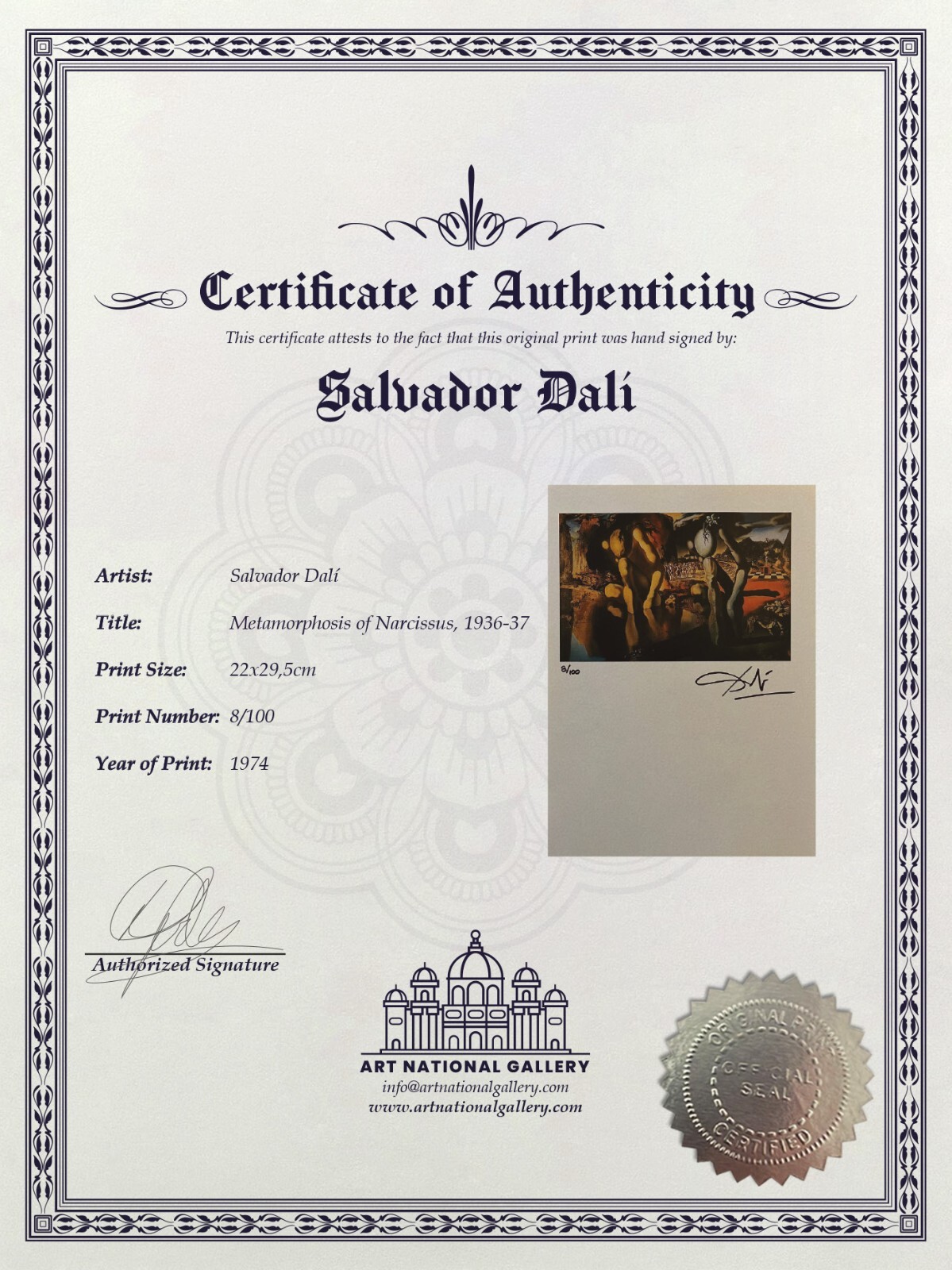 Salvador Dali, Original Hand-signed Lithograph with COA & Appraisal of $3,500