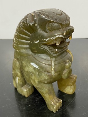 Antique Shoushan stone hand carved foo dog on display wood stand c.early 1900s