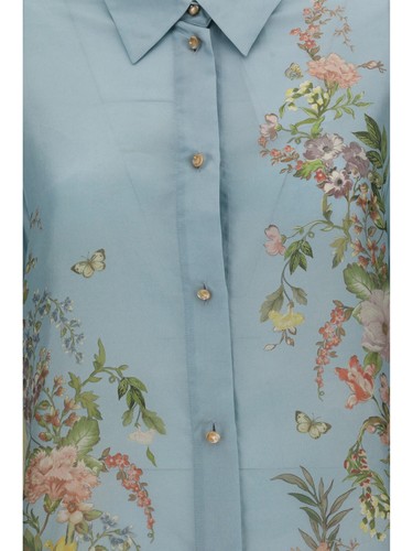Pre-owned Waverly Zimmermann  Floral Print Relaxed Silk Shirt-0p In Blue