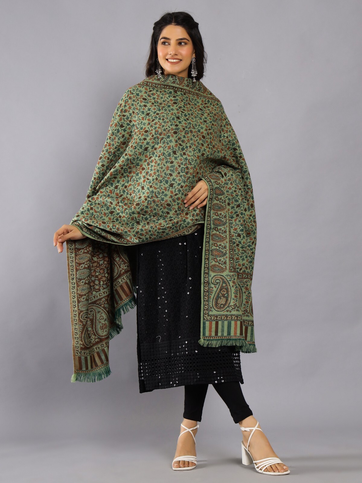 Womens Oversize 100% Cashmere Indian Wool Blanket Shawl Wrap Paisley Scarf Green