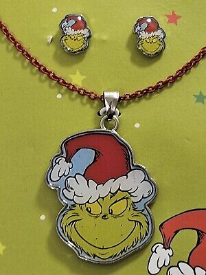 2 PC SET Dr. Seuss The Grinch Santa Necklace &  Earrings Christmas Holiday 