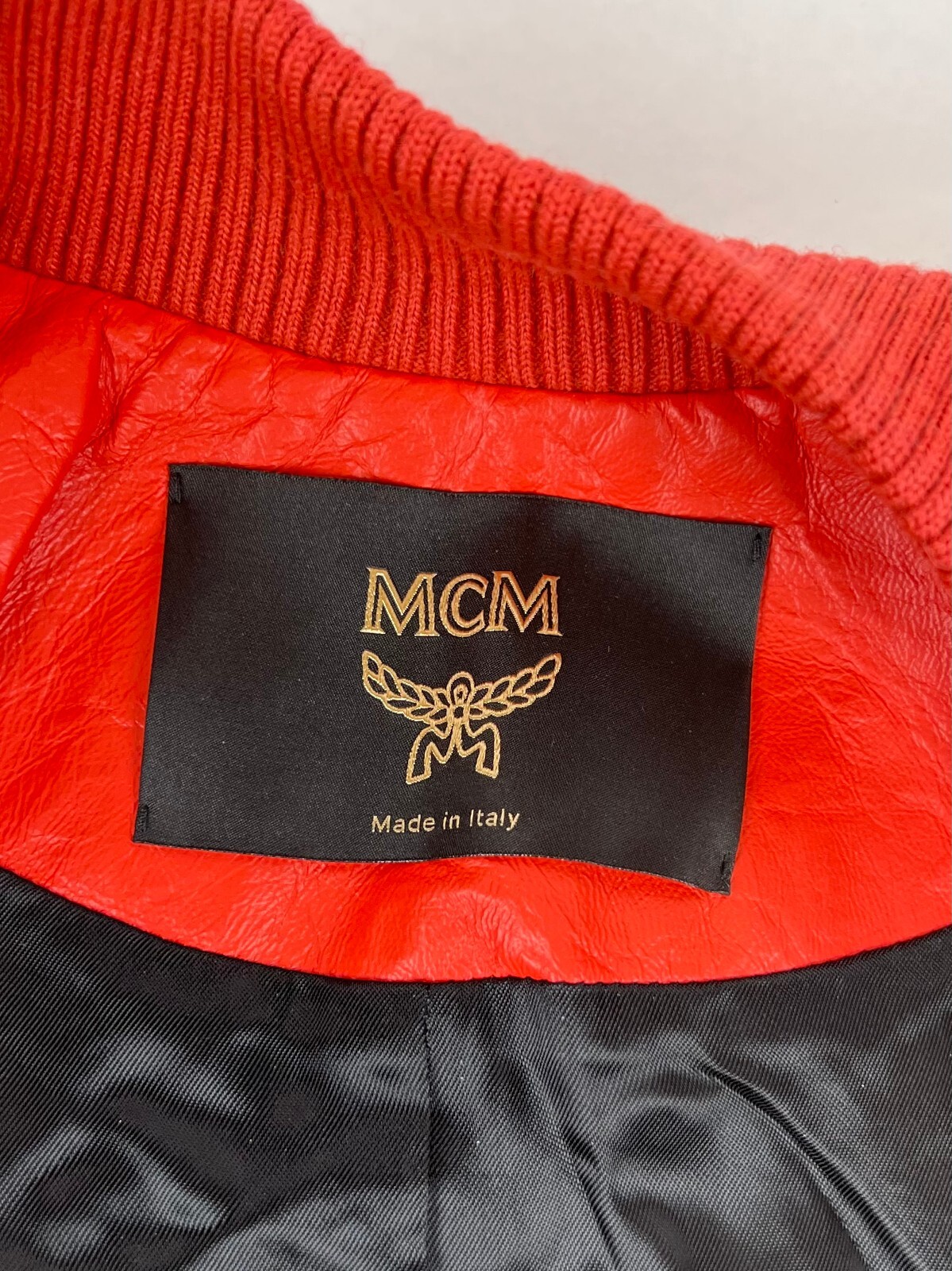 Pre-owned Mcm $2370  Men's Red Leather Button Up Bomber Jacket With Black Logo Mhj9amv19re0