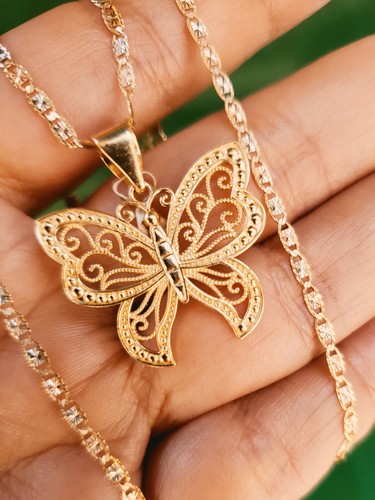 Pre-owned Butterfly 14k Gold  Pendant Charm 2 Mm Chain Necklace Set 20 Inches Long