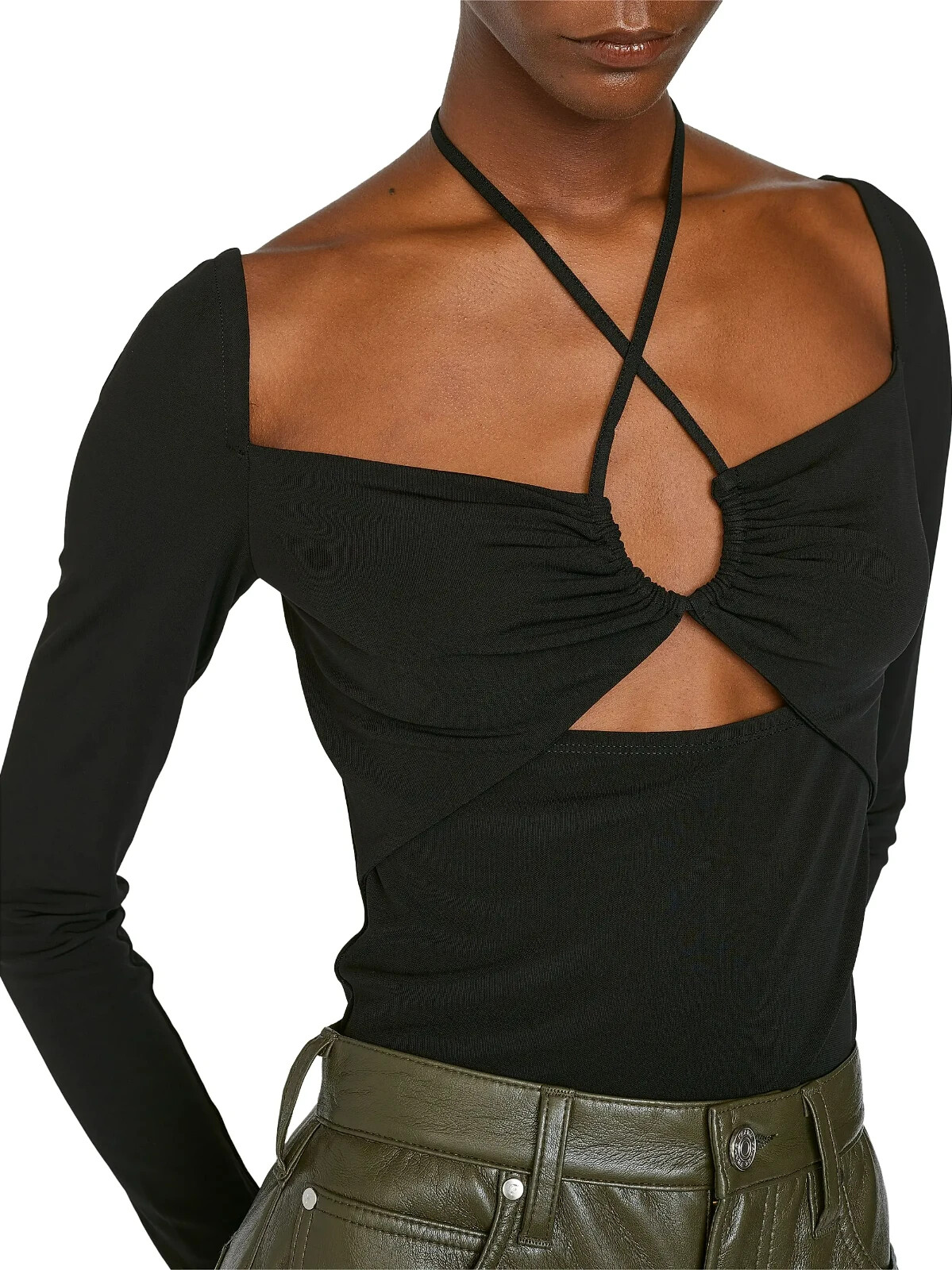 Frame Strappy Knit Top Women's XS Black Scoop Neck Nape Self-Tie Pullover L/S - Picture 1 of 13