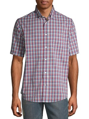 George Men's Short Sleeve Button Down Shirt SMALL (34-36) Red White Plaid NEW