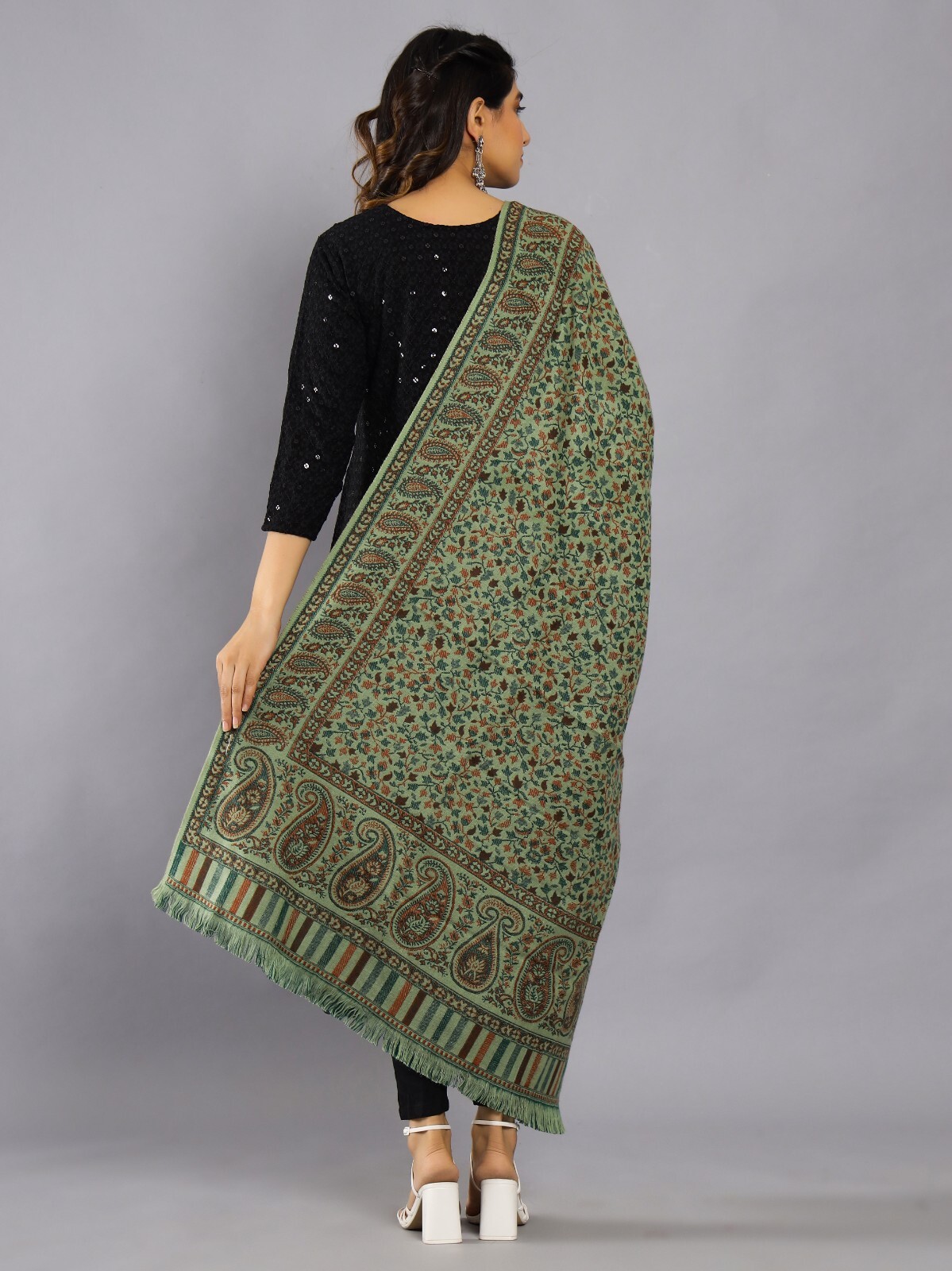 Womens Oversize 100% Cashmere Indian Wool Blanket Shawl Wrap Paisley Scarf Green