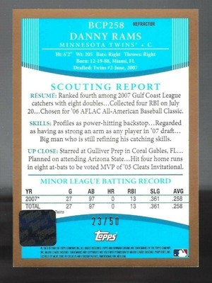 Danny Rams 2008 Bowman Chrome Prospects Gold Refractors AU 23/50 Card# BCP-258